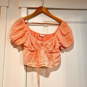 Heatherly Y2K Babydoll Eyelet Lace Crop Top Puff Sleeve Women's Small Pink Fairy